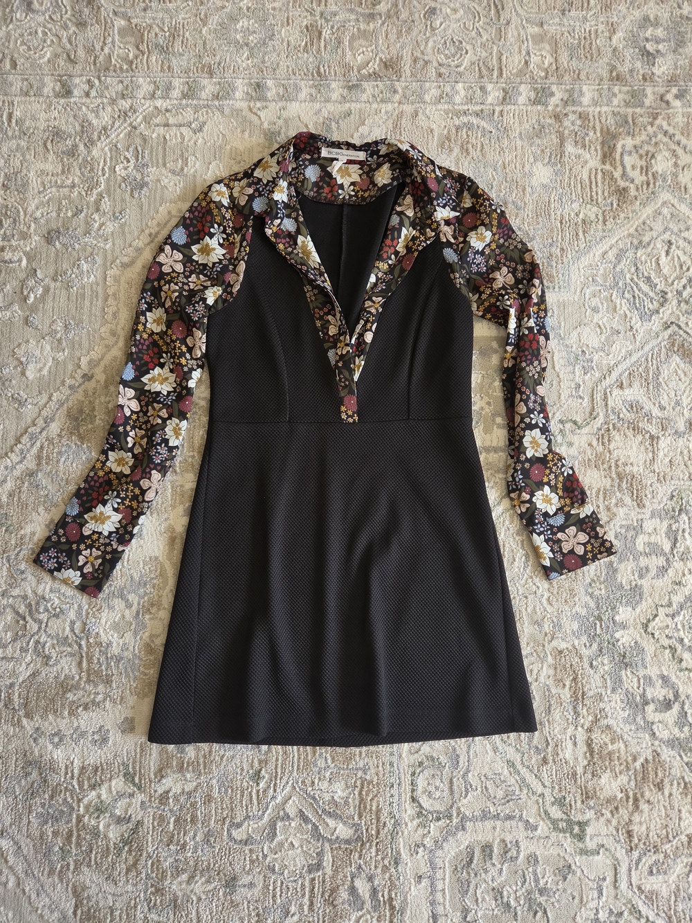 BCBGeneration Black Mixed Media Knit Floral Long Sleeve Mini Dress